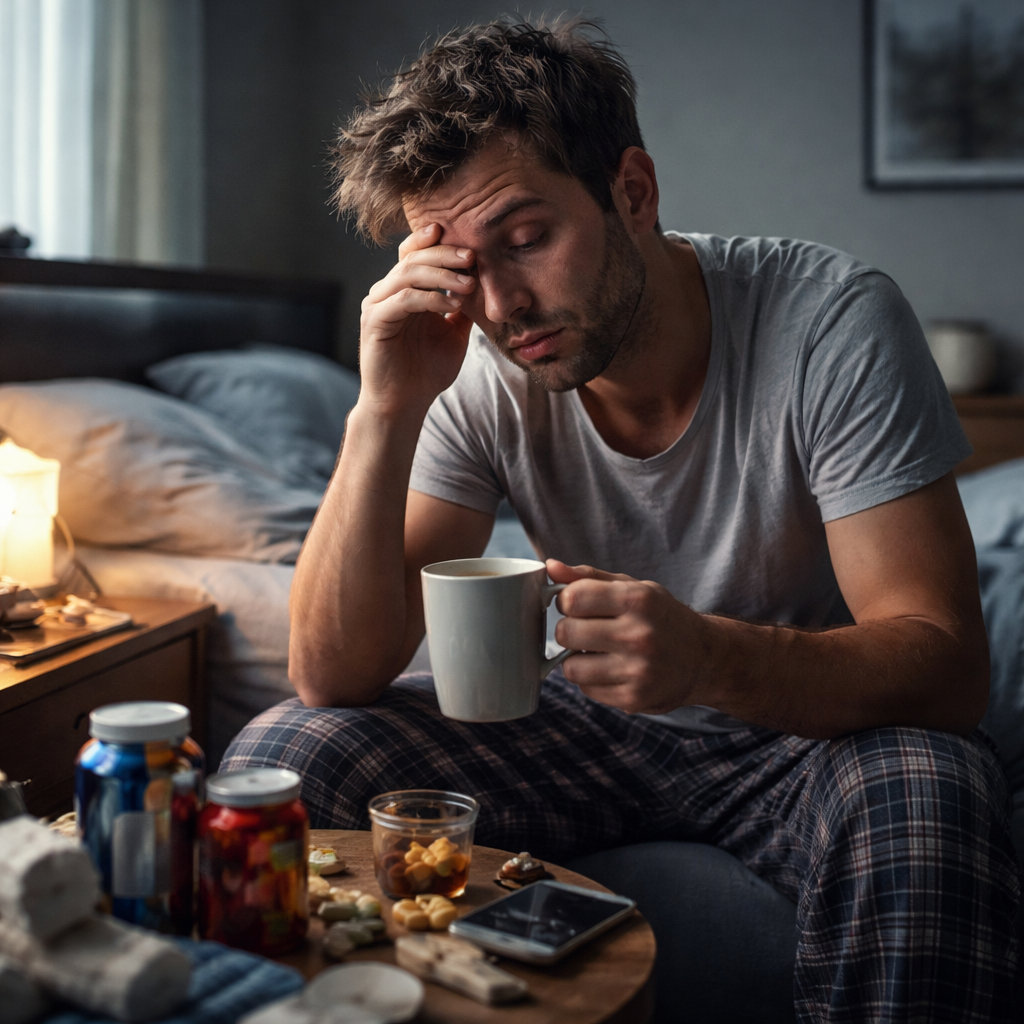 Erschöpfter Mann sitzt kraftlos und müde in dunkler Umgebung, symbolisiert Energiemangel, Stress und körperliche Erschöpfung durch Nährstoffmangel und Überlastung Erschöpfter Mann sitzt kraftlos und müde in dunkler Umgebung, symbolisiert Energiemangel, Stress und körperliche Erschöpfung durch Nährstoffmangel und Überlastung