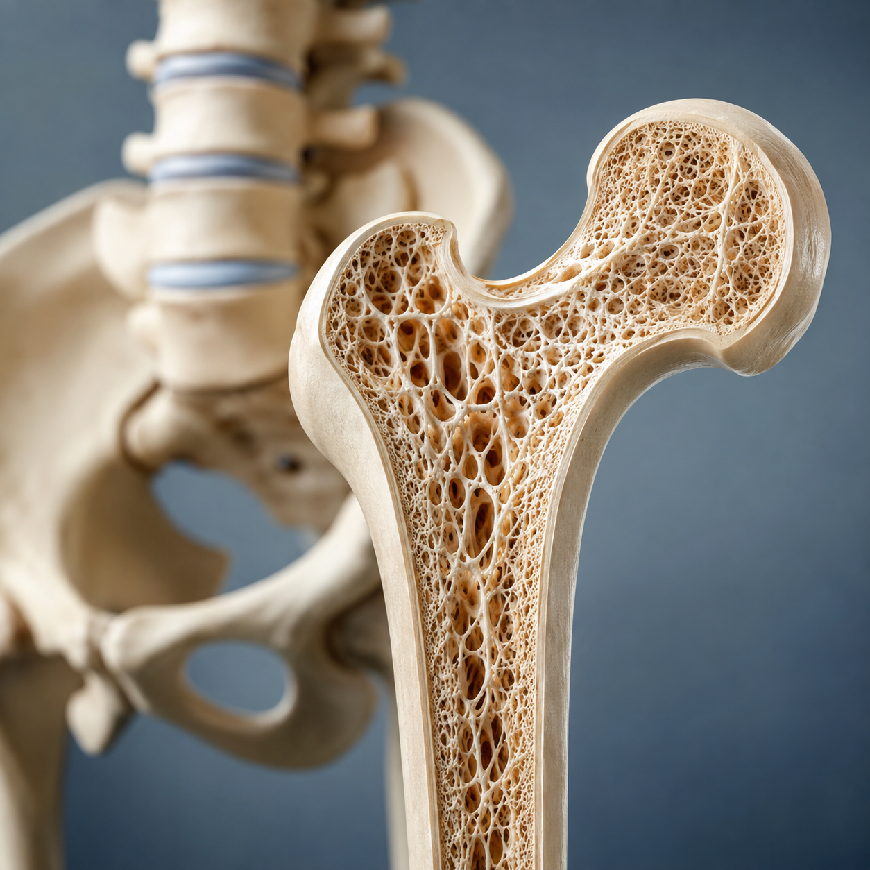 Osteoporose: Querschnitt eines Knochens mit sichtbarer poröser Knochenstruktur