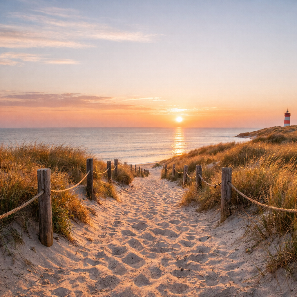 Dünenlandschaft mit Weg zum Nordseestrand bei Sonnenaufgang – Symbol für den Neuanfang in Nordfriesland