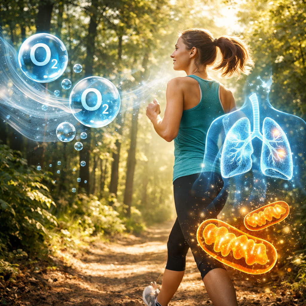 Frau beim Joggen im Wald mit Darstellung von Sauerstoff, Lunge und Mitochondrien – Zusammenhang von Bewegung, Durchblutung und Energieproduktion