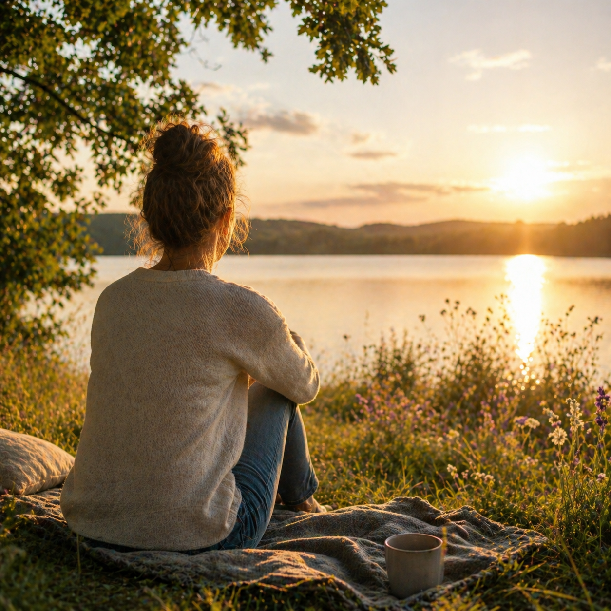 Entspannte Frau am See bei Sonnenuntergang – mehr Energie und weniger Stress durch optimale Versorgung des Körpers