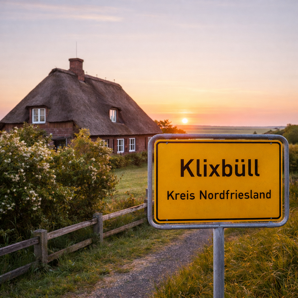 Ortsschild Klixbüll in Nordfriesland mit traditionellem Reetdachhaus im Hintergrund