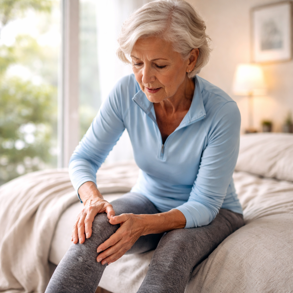 Ältere sportliche Frau mit Knieschmerzen am Morgen – typische Gelenkschmerzen und Steifheit trotz Bewegung. Ältere sportliche Frau mit Knieschmerzen am Morgen – typische Gelenkschmerzen und Steifheit trotz Bewegung.